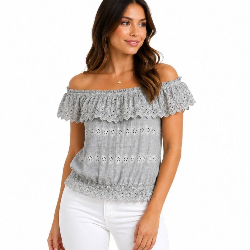 American Eagle Eyelet Off Shoulder Crop Top XS Gray